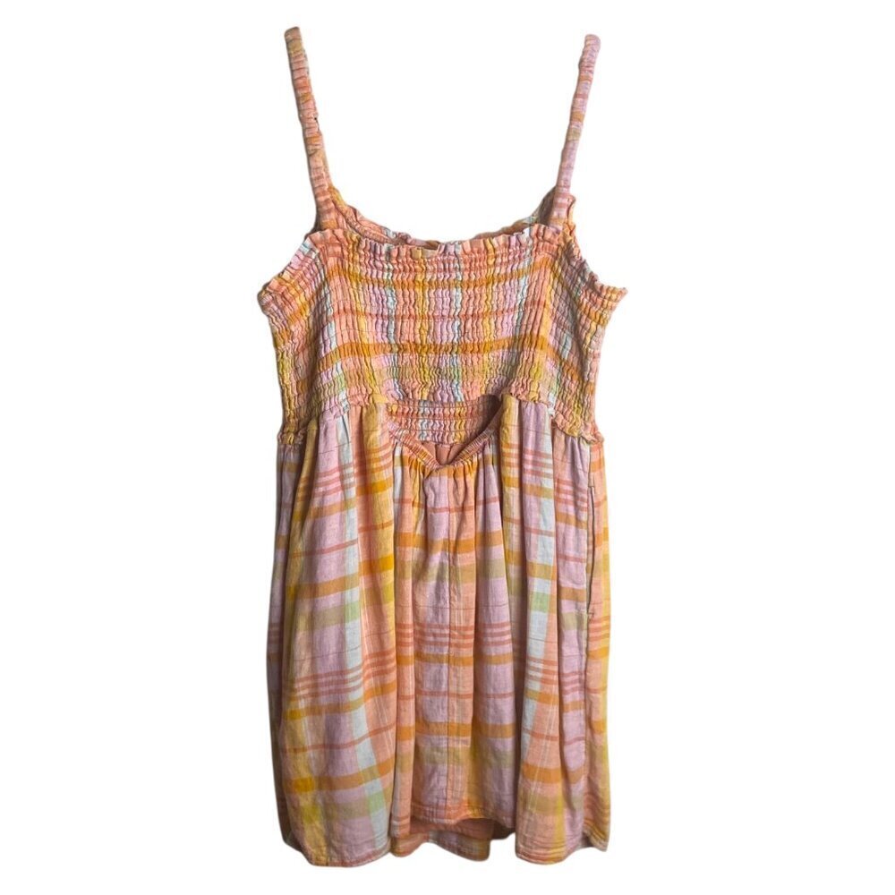 American Eagle Size L Dream Smocked Tank Dress Colorful Plaid Linen Mini Cottage - Picture 9 of 9